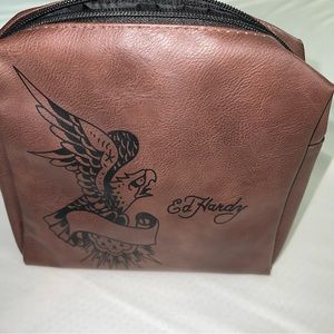 Ed Hardy travel bag makeup Eagle With Banner Brown Faux Leather A6